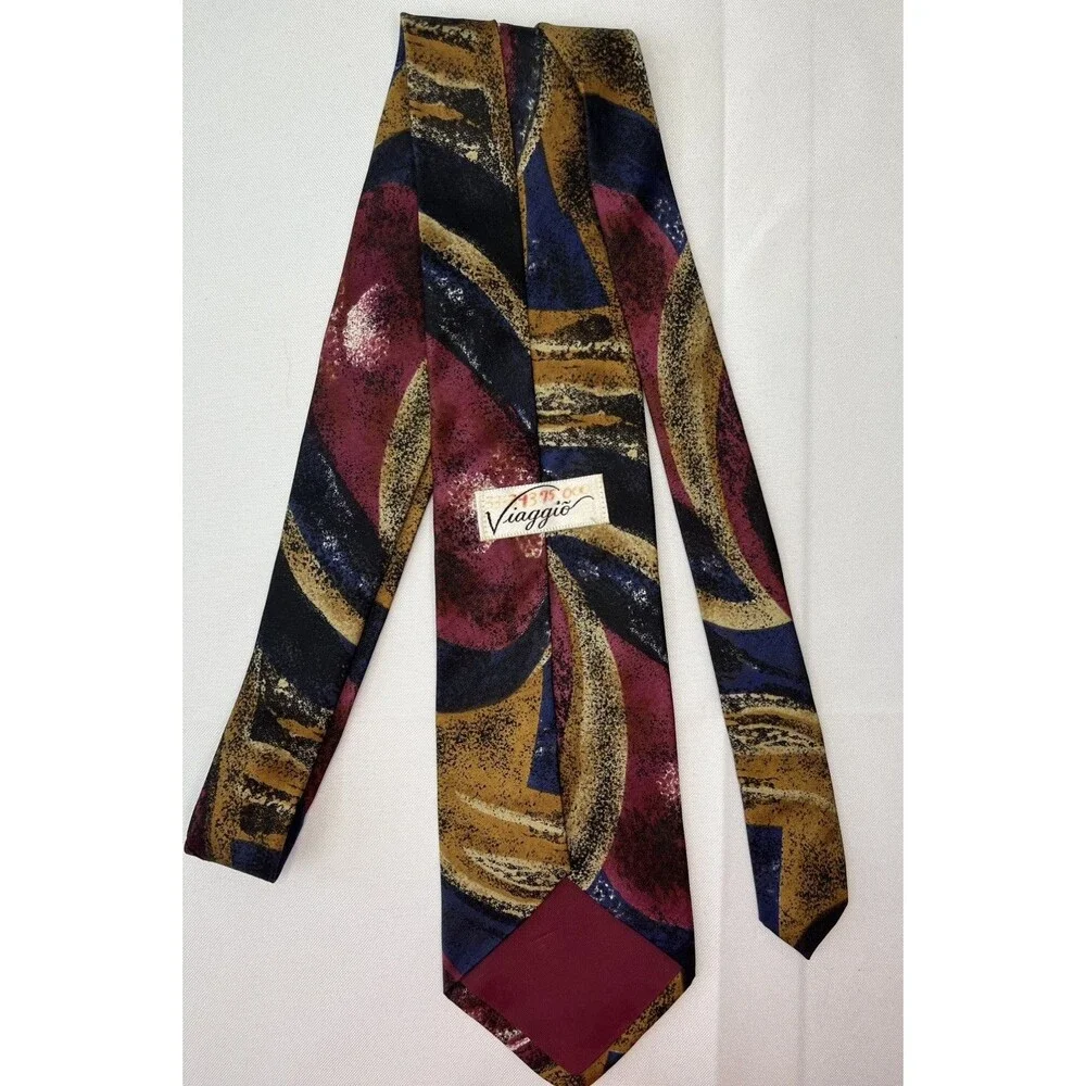 Viaggio Men's Tie 100% Silk Blue Gold Maroon Abstract Pattern